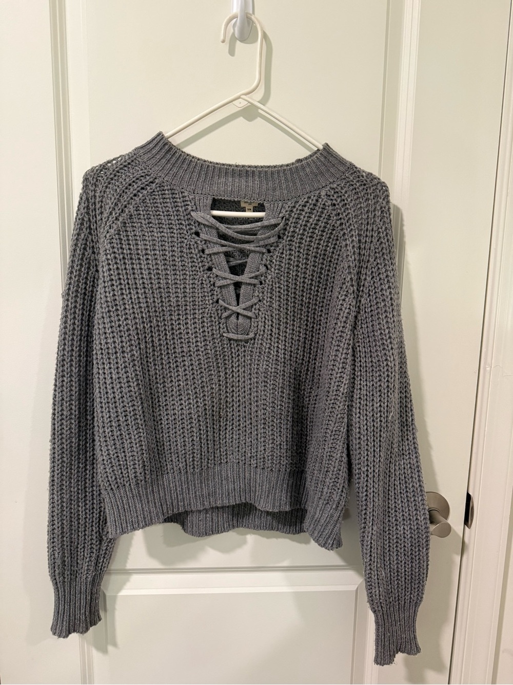 Lace-Up Waffle Knit Crewneck Sweater - Gray